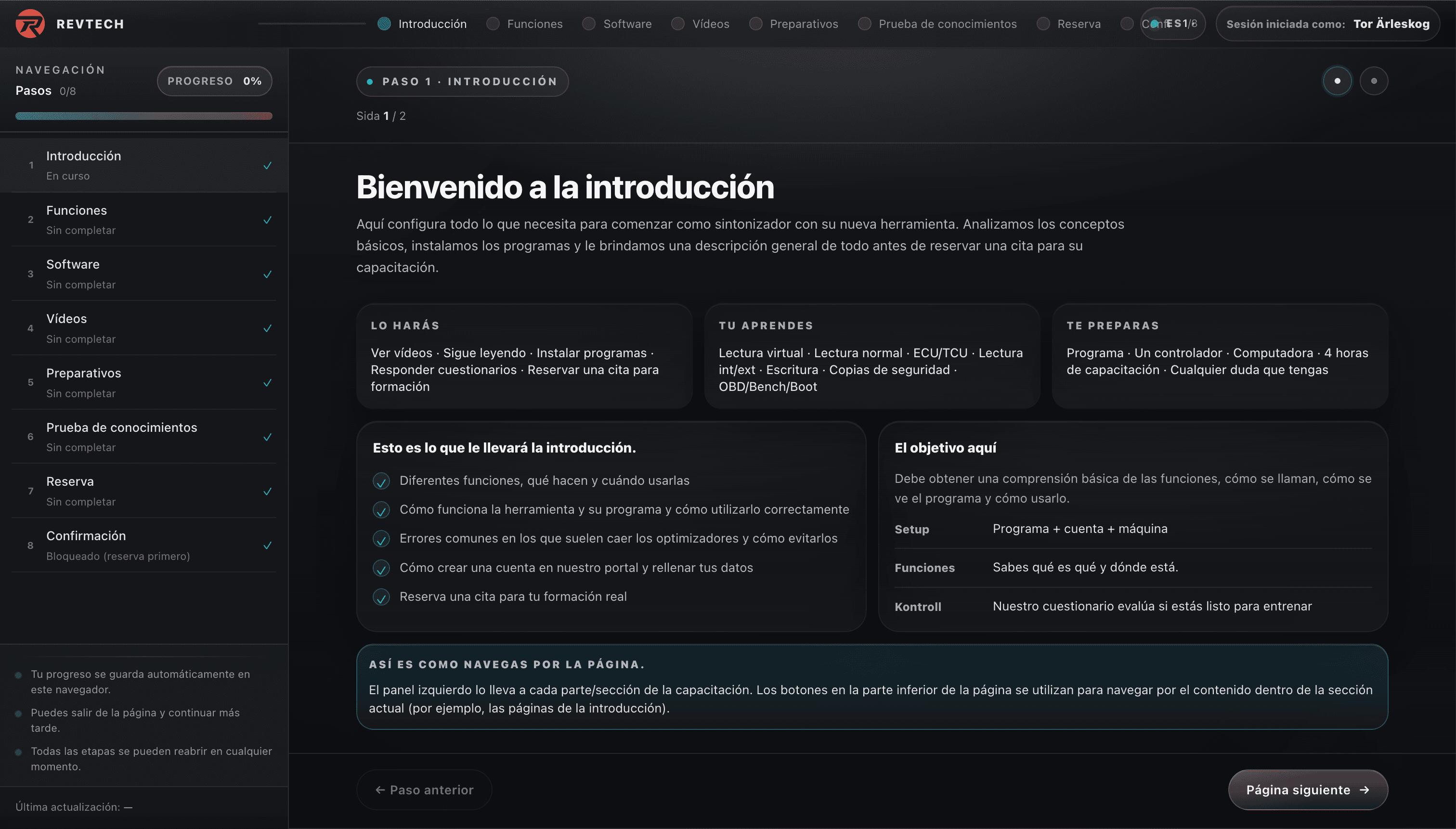 Ansicht des Revtech Training Portals